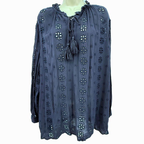 Chico's Eyelet Tunic Tassels Ruffle Women's 4 (20/22) Boho Peasant Artisan Blue - Picture 1 of 7